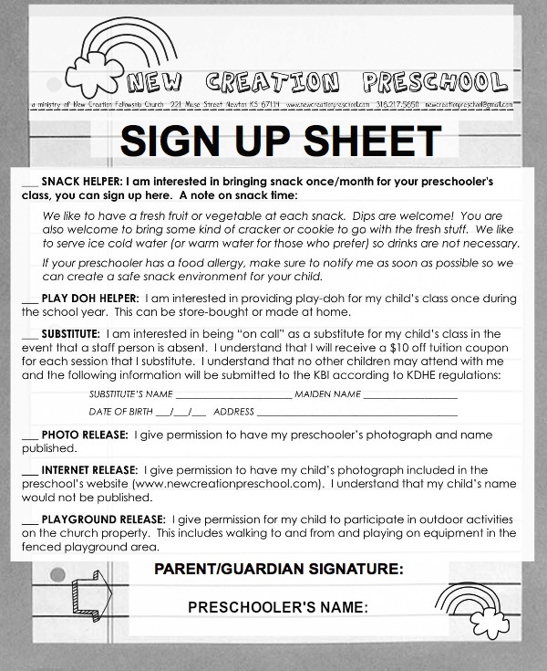 SIGN UP SHEET
